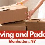 How to Get Rid of an Old Mattress? 7 A person packing cardboard boxes for moving in a bright room, with the text "Moving and Packing Manhattan, NY" prominently displayed, showcasing moving services in Manhattan.