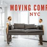How Much Does it Cost to Get People to Help You Move? 5 Two movers carefully lifting a gray sofa in a bright, modern apartment, showcasing the services of a moving company in NYC.