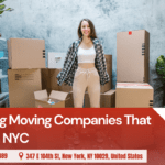 Moving a Hot Tub: A Quick Guide for New Yorkers 5 Woman standing in a room filled with moving boxes, promoting moving companies in NYC. Background features a plant and shelves with various items. The image includes contact information and location for 5 Stars Movers in New York City.