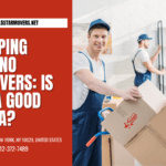 The Top 10 Piano Moving Services For Your Next Move 2 A smiling mover in a blue uniform carries a cardboard box, discussing the topic of tipping piano movers in a bright, spacious environment. The image features a bold red background with the title "Tipping Piano Movers: Is It a Good Idea?" and contact information for 5 Star Movers in New York City.