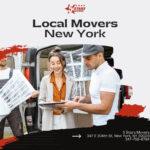 What Is Considered Long Distance Moving? 6 Local movers in New York assisting with a residential move, showcasing a woman taking notes while a man carries a wrapped chair. 5 Stars Movers contact information and address displayed.