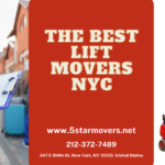 Are movers worth it in NYC? 4 A moving professional holding a clipboard in front of a truck filled with boxes, promoting 5 Star Movers NYC, a service specializing in lift moving. Contact information and website details are displayed prominently.