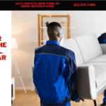 How to Save Money on Local Moving Services 4 Two movers in blue uniforms carefully transporting a sofa in a well-lit room, representing the article "10 Tips for Choosing the Best Local Movers Near You" by 5 Star Movers NYC.