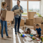 Renting vs. Buying Packing Supplies: Tips for Minimizing Packing Material Costs 7 Family unpacking boxes in a bright, modern living room during a move, with children playing on the floor surrounded by cardboard boxes and household items.