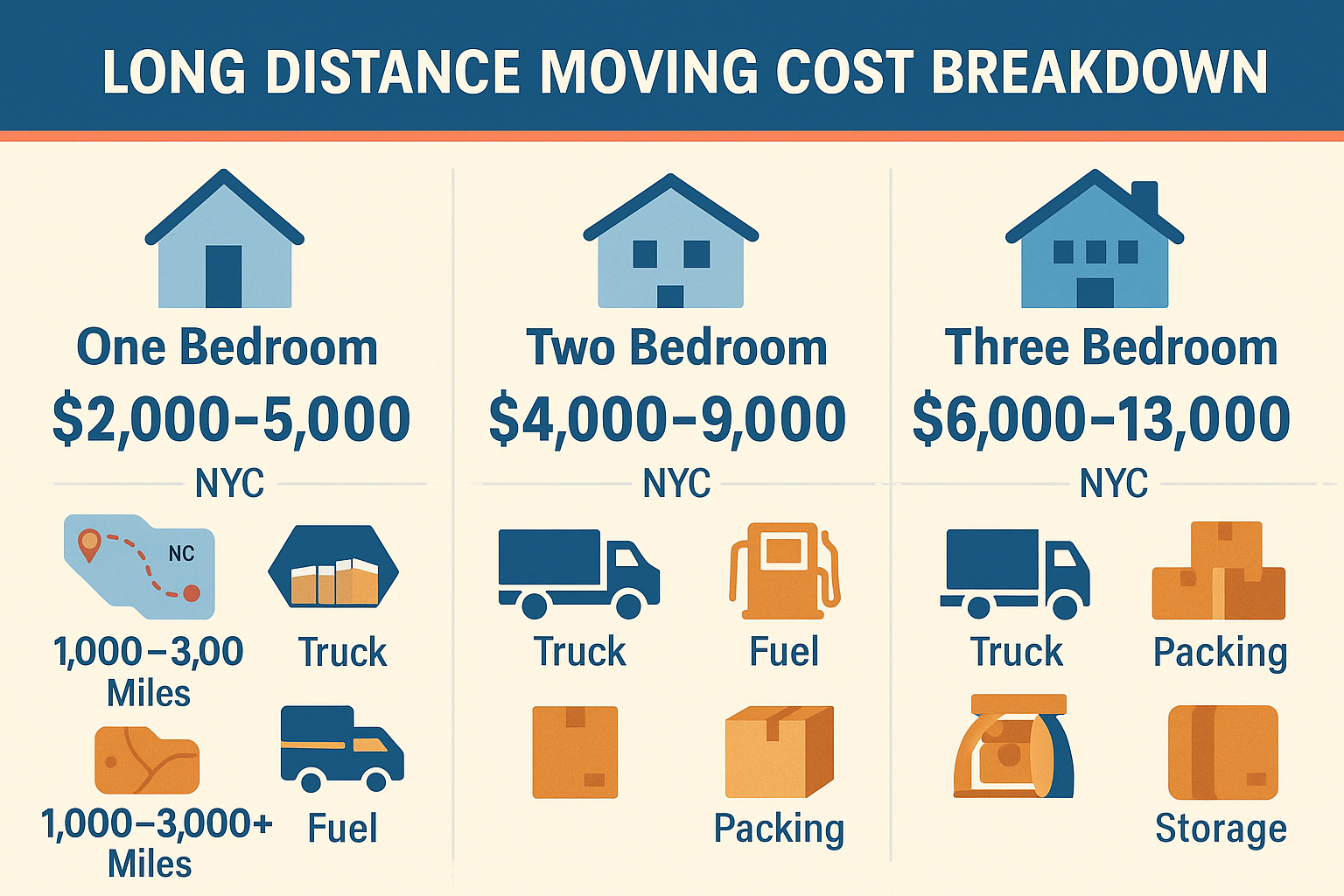 How Much Do Long Distance Movers Cost? 1 Infographic detailing long distance moving costs for one, two, and three-bedroom apartments from NYC. One-bedroom costs range from $2,000 to $5,000, two-bedroom from $4,000 to $9,000, and three-bedroom from $6,000 to $13,000. Includes breakdown of expenses such as truck rental, fuel, packing, and storage for distances of 1,000 to 3,000+ miles.