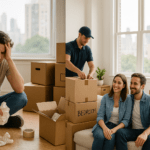 Packing a Mattress for Moving: Everything You Need To Know 5 Split scene showing a stressed person DIY packing on one side and relaxed NYC couple with professional movers packing on the other.
