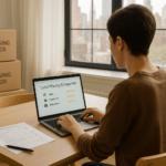 Why Hire Professional Senior Movers 5 Renter in a New York City apartment comparing local moving companies on a laptop with quotes and packed boxes around them.