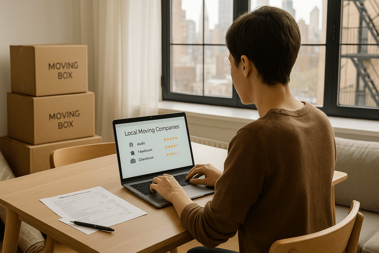 choose-local-moving-company-nyc-apartment-hero-16×9 Renter in a New York City apartment comparing local moving companies on a laptop with quotes and packed boxes around them.