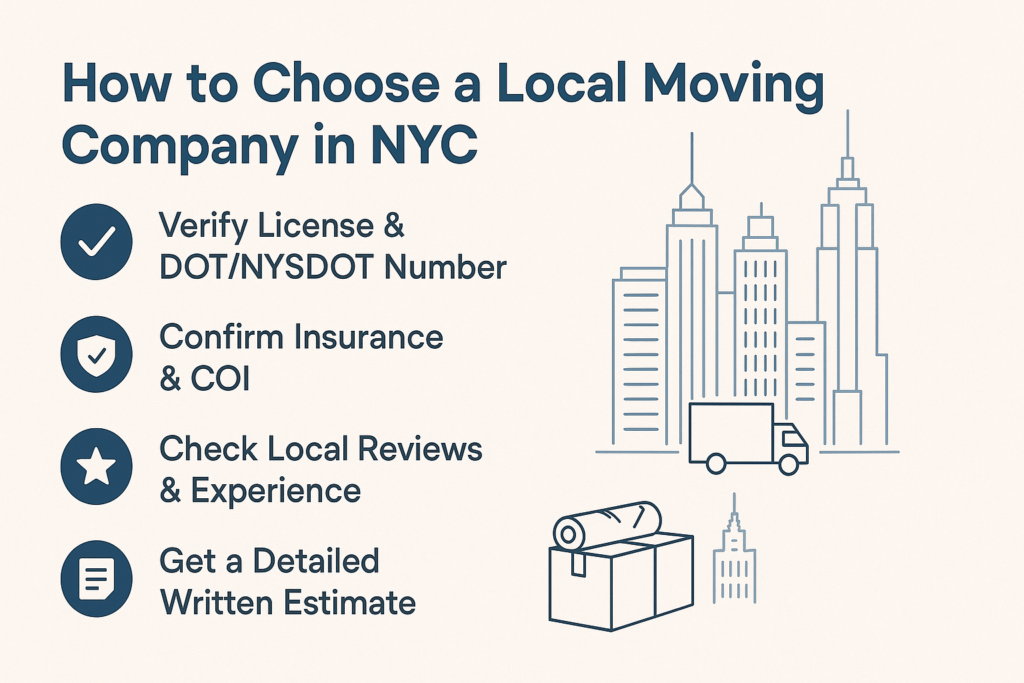 How do I choose a local moving company in NYC? 1 Infographic checklist showing key steps to choose a local moving company in NYC, including licensing, insurance, reviews, and written estimates.