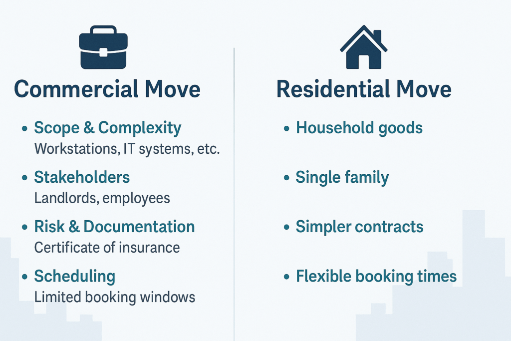 What does a commercial move mean? 1 Side by side infographic comparing key elements of a commercial move versus a residential move, including scope, stakeholders, and documentation.