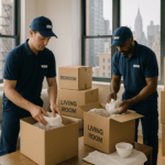 Packing a Mattress for Moving: Everything You Need To Know 4 Professional NYC movers packing labeled cardboard boxes in a bright Manhattan apartment living room with the city skyline visible outside.