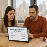 Packing a Mattress for Moving: Everything You Need To Know 2 Couple reviewing a packing services quote on a laptop at their NYC apartment dining table with moving boxes stacked nearby.