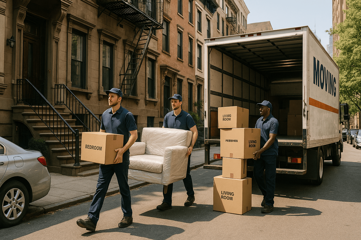 local-movers-cost-nyc-street-moving-hero-16×9 Professional NYC moving crew loading boxes into a truck on a narrow city street, illustrating the cost of hiring local movers in New York City.