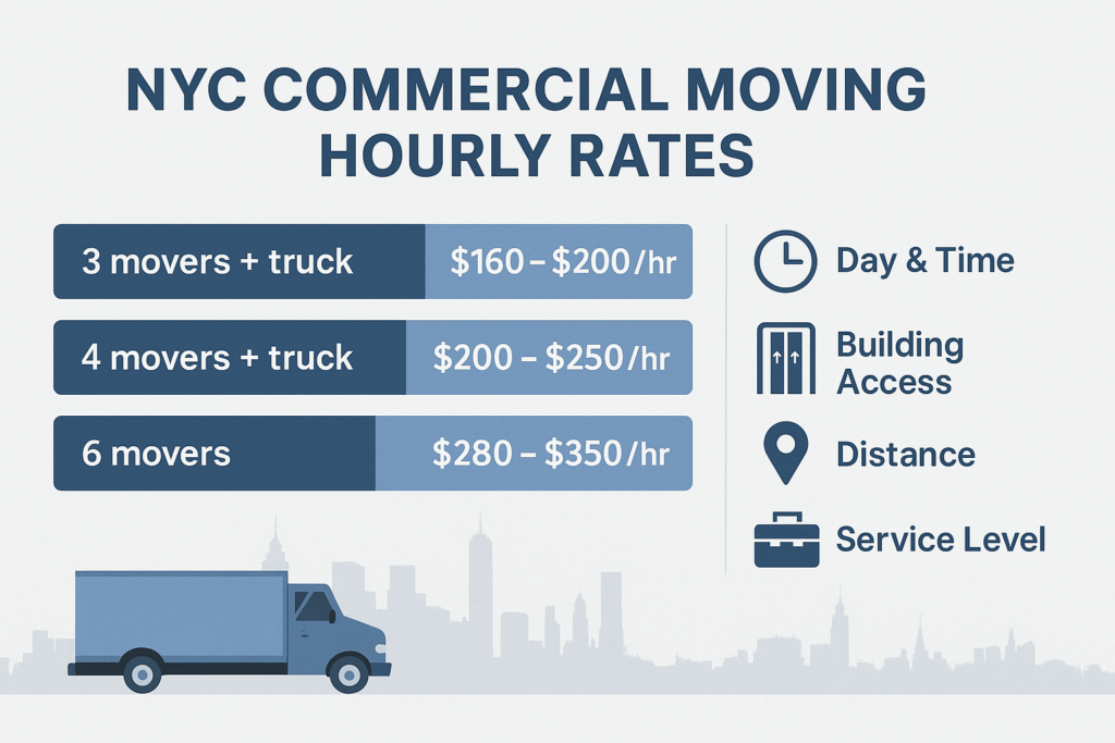 How much do movers charge per hour in NYC? 1 Infographic comparing hourly commercial moving rates in NYC by crew size and key cost factors such as building access and timing.