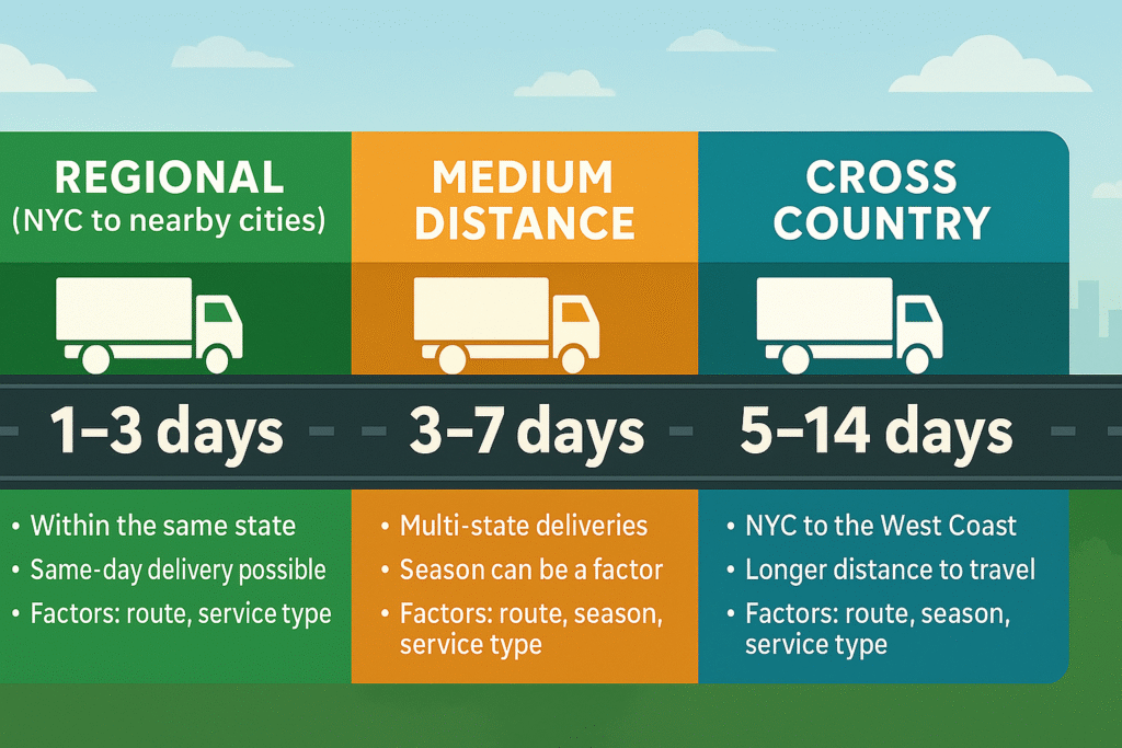 Infographic comparing typical delivery windows for regional, medium distance and cross country moves from New York City using a horizontal road-like timeline.