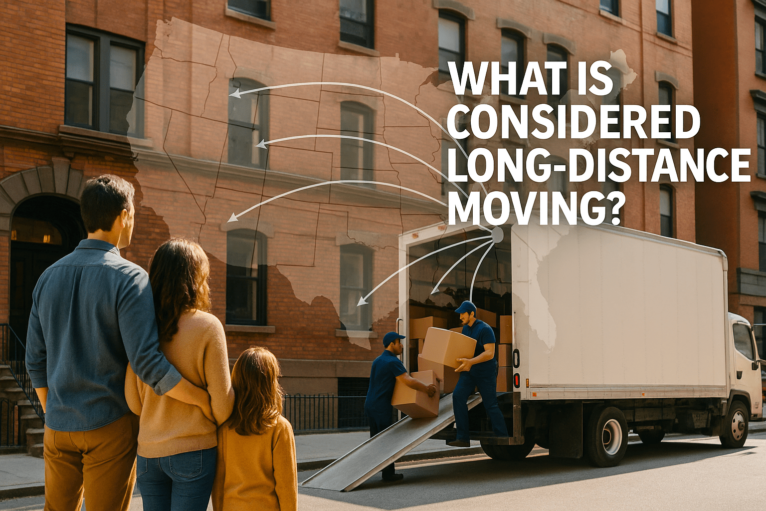 what-is-considered-long-distance-moving-nyc-hero-16×9 Family standing outside a New York City apartment while long distance movers load boxes into a truck, with a subtle overlay map showing arrows from NYC to multiple distant cities.