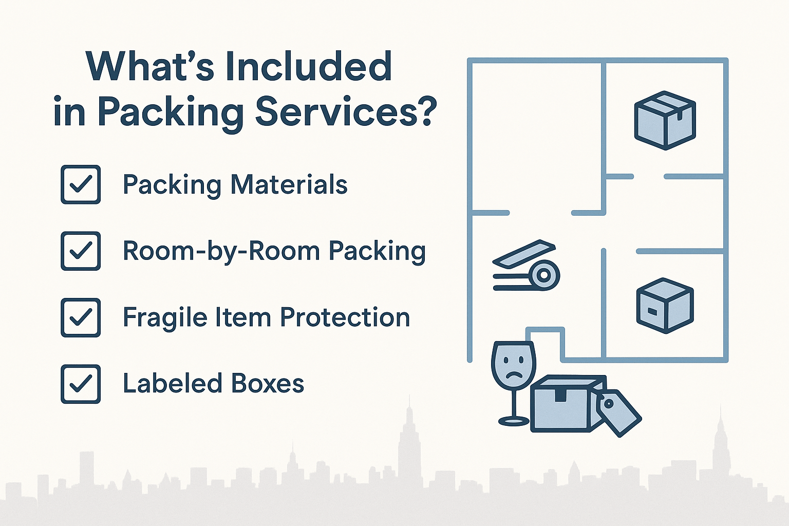 What Is Included In Your Packing Services? 1 Infographic checklist showing what is included in professional packing services such as materials, labeling, and room-by-room packing.