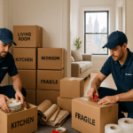 Packing a Mattress for Moving: Everything You Need To Know 3 Professional NYC movers organizing labeled packing boxes and materials in an apartment hallway to show what is included in packing services.